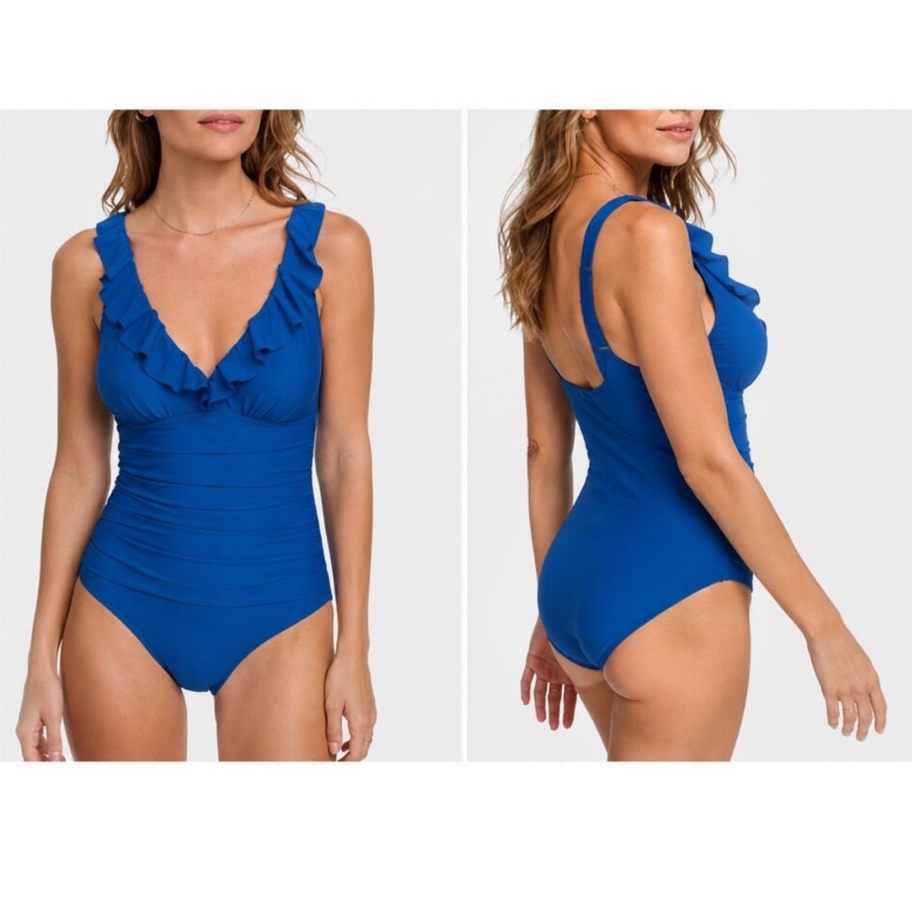 DKNY Royal Blue Ruffled V-Neck One-Piece Swimsuit